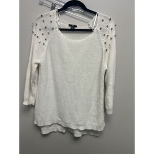 H&M Sweater White Gold Beaded Embellished Long Sleeve Pullover Crew Size Medium